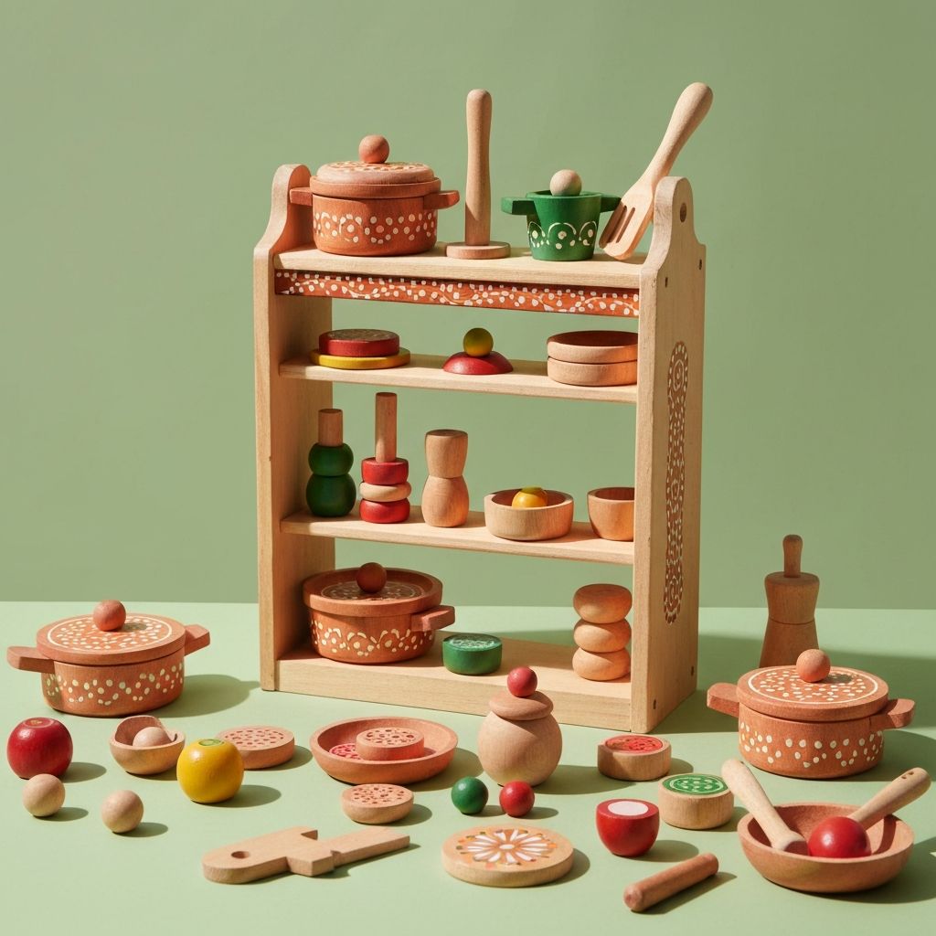 Play Cooking Set - Handcrafted Channapatna Wooden Toy by Hussain Arts India