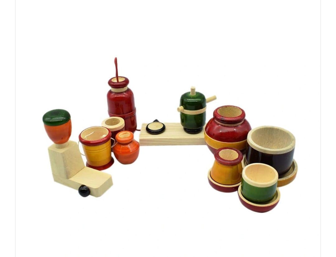 Wooden kitchen play set with pots and vessels