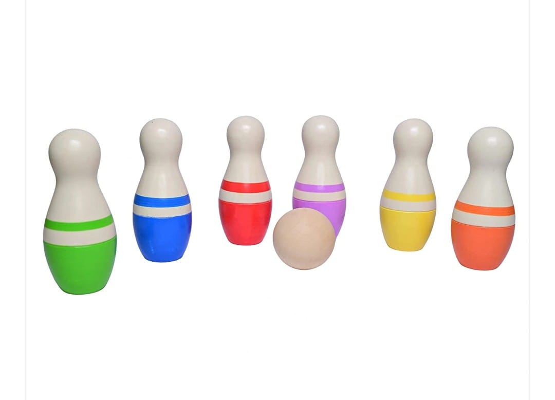 Colourful wooden bowling pin set with ball
