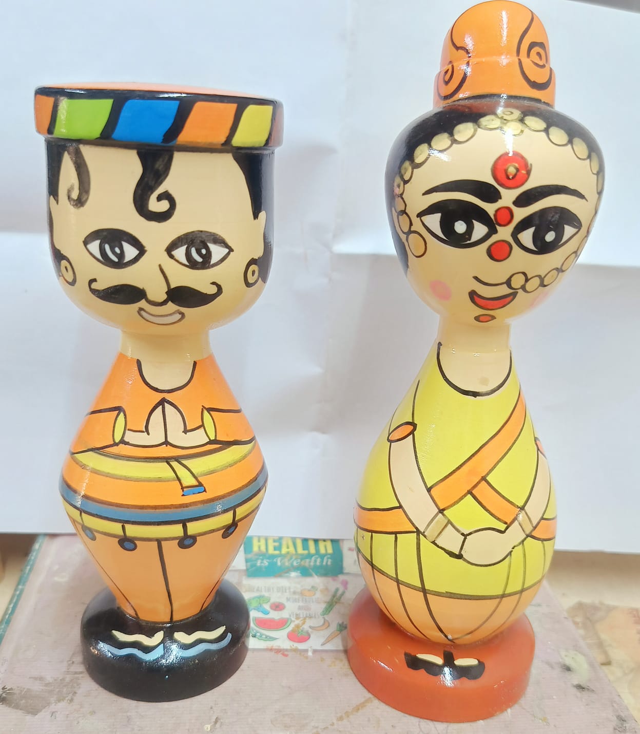 Hand-painted traditional Indian couple wooden dolls