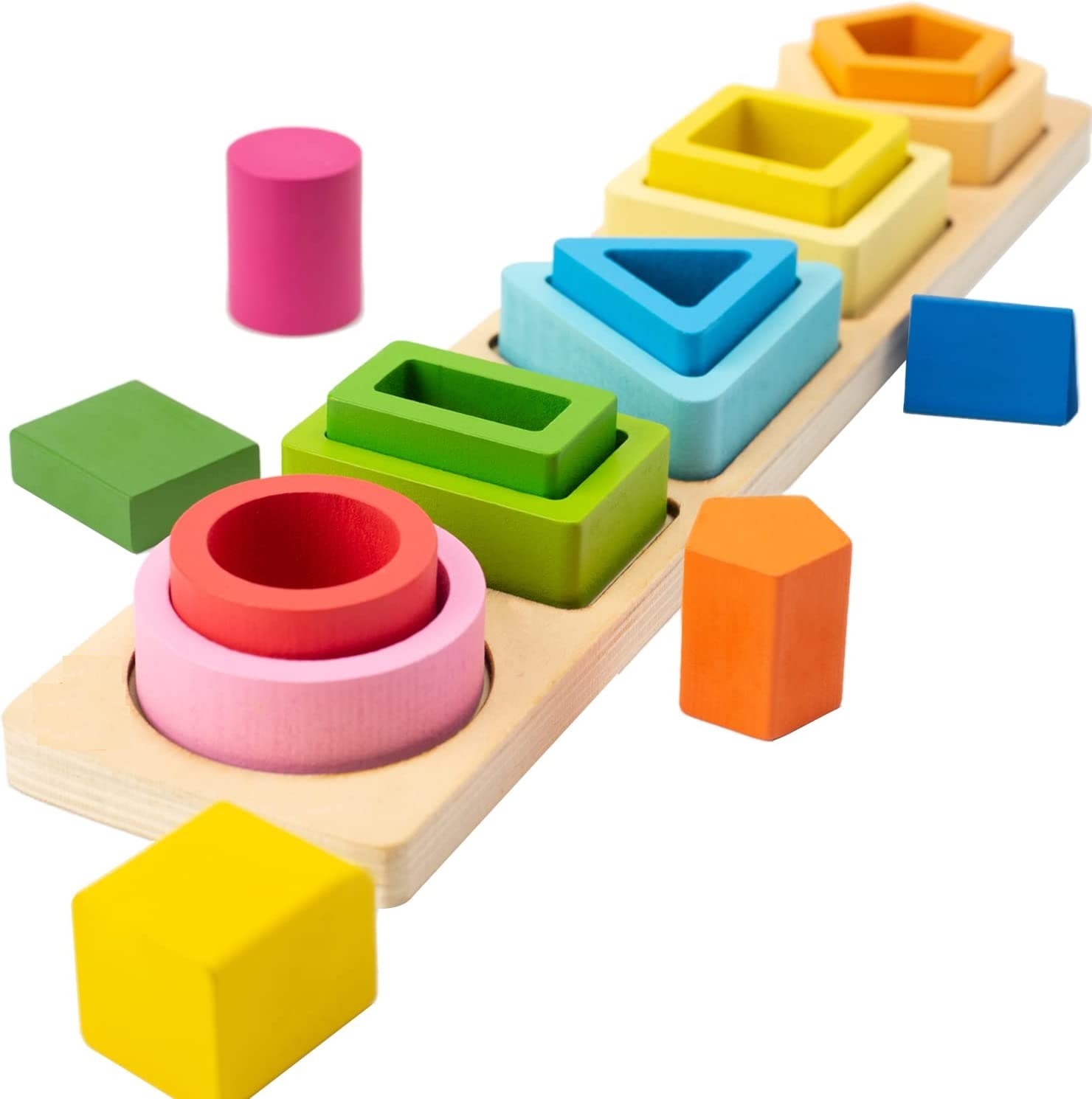 Rainbow wooden shape sorting board